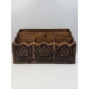 VTG LERNER Carved Faux Wood Letter Holder Mail Organizer Storage Caddy Desk Tiki